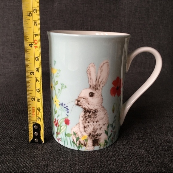 Bunny + Floral Colorful Spring Coffee, Tea Mug, Blue, White, NEW, 12 oz